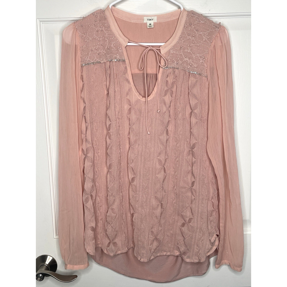 Anthropologie TINY Women's Peasant Embroidered Blouse Sz M Sheer Metallic Boho